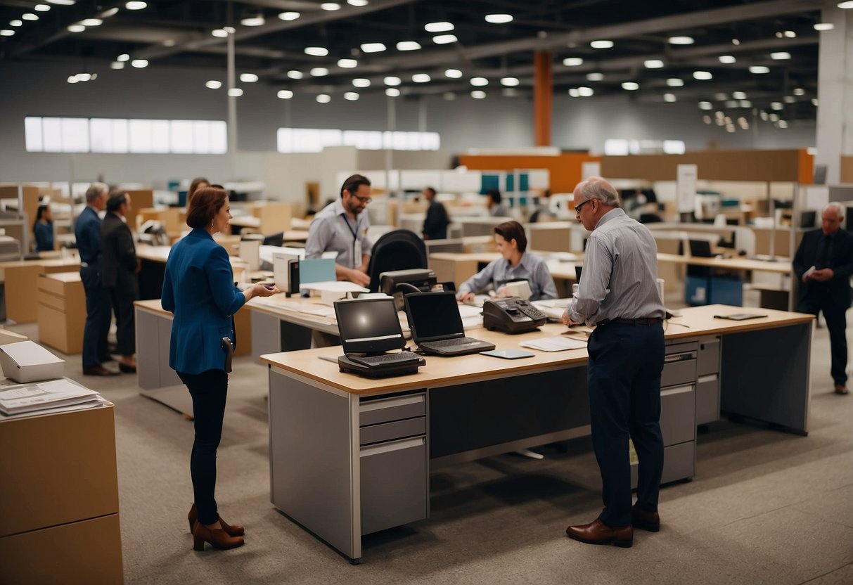 Office furniture being exchanged in a bustling trade event. Desks, chairs, and cabinets are being inspected and negotiated by vendors and buyers
