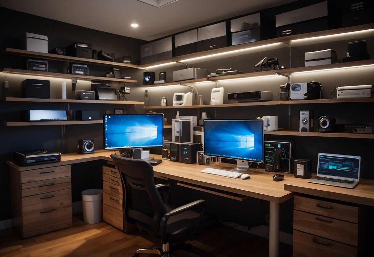 A room filled with modern furniture and equipment, including a sleek desk, ergonomic chair, computer monitors, and a variety of office supplies neatly organized on shelves and in drawers