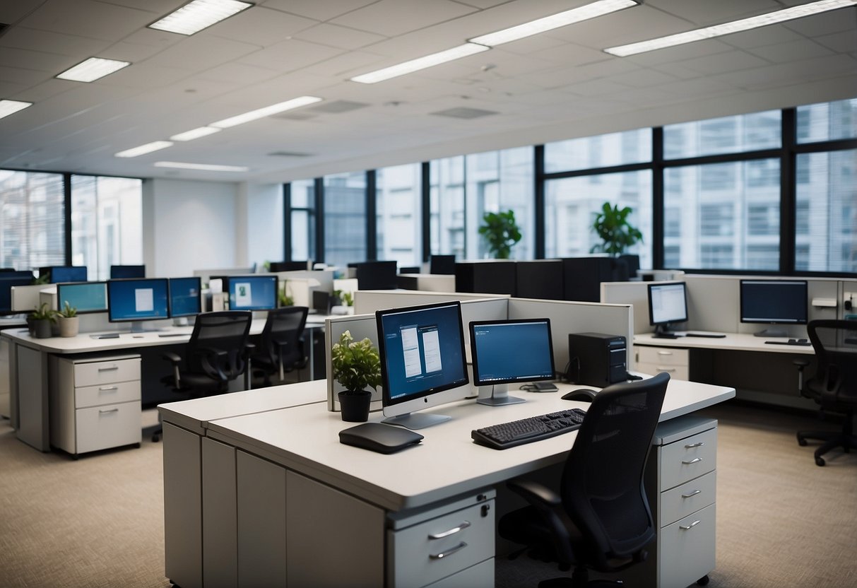 A well-organized office with desks, chairs, computers, and filing cabinets. The furniture is arranged in a functional and ergonomic layout