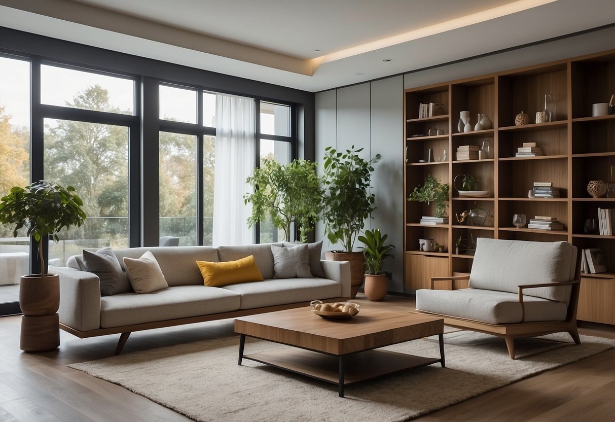 A modern living room with Namu furniture, featuring sleek designs and clean lines. The space is filled with natural light, creating a warm and inviting atmosphere