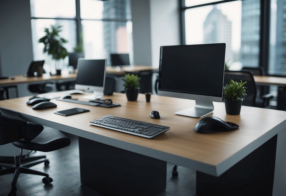 A sleek, modern desk is traded in for a larger, sturdier model. The exchange takes place in a bright, spacious office with a professional atmosphere