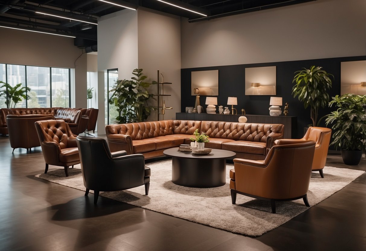 A spacious showroom with rows of leather furniture in various styles and colors, illuminated by soft overhead lighting