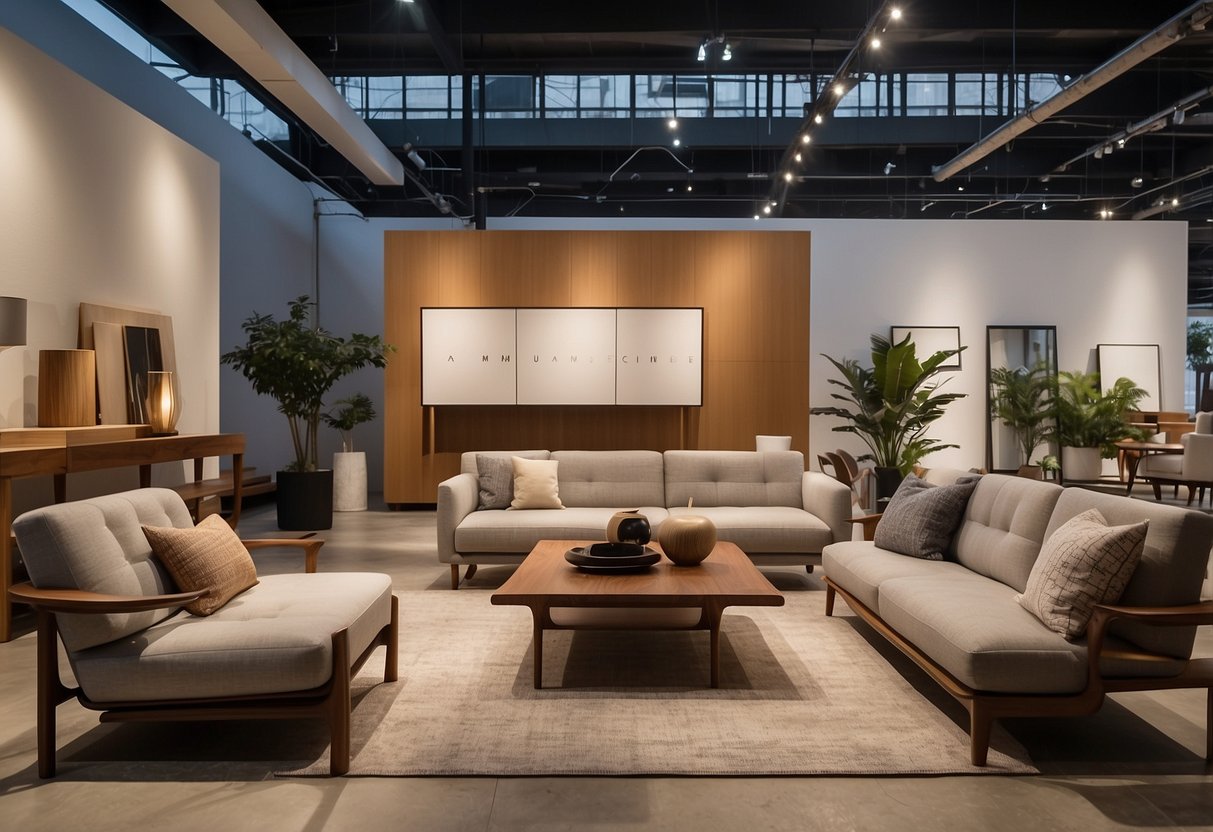 A spacious showroom displays Namu Furniture's modern and minimalist offerings, with sleek lines and natural materials. Warm lighting highlights the elegant designs