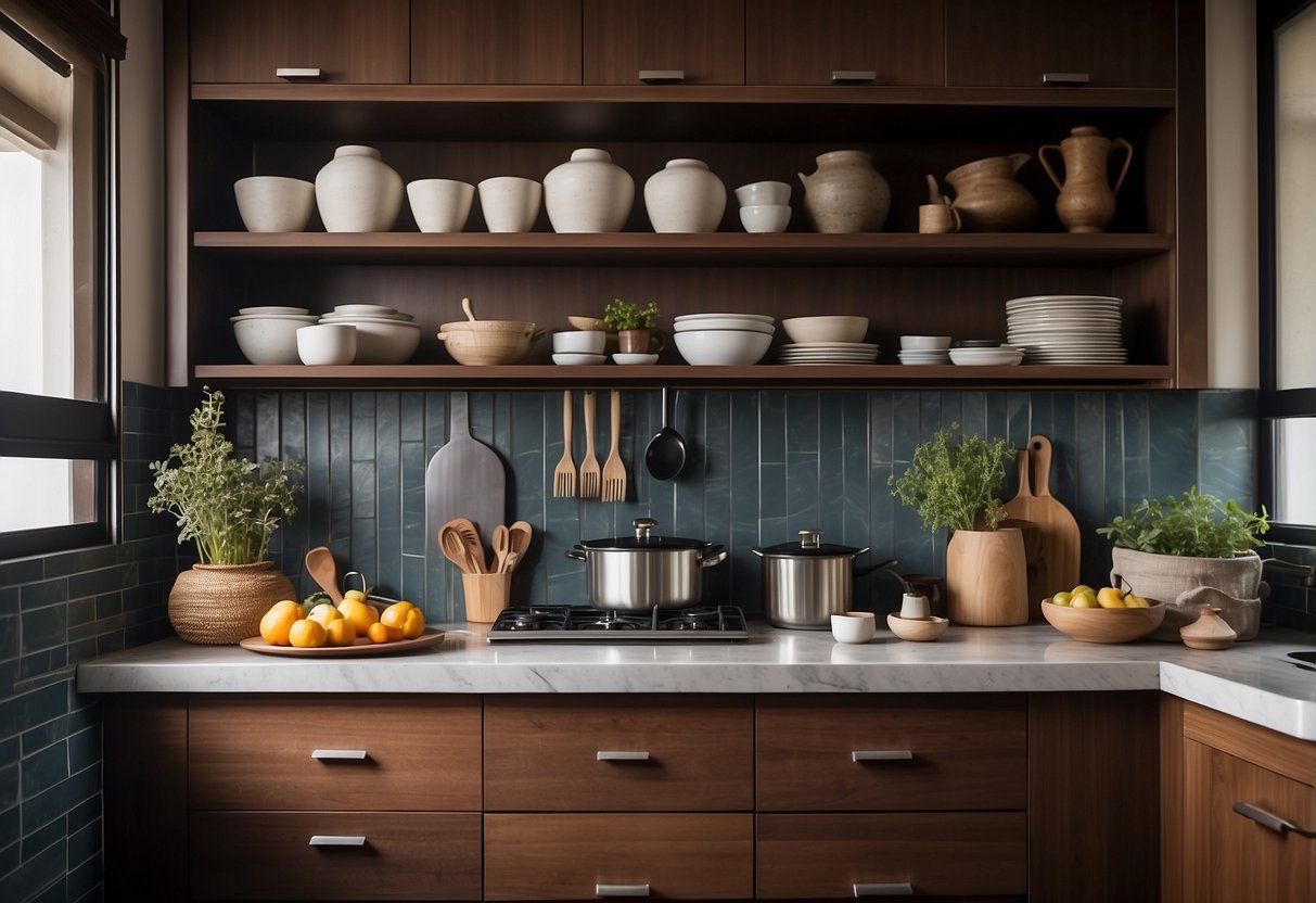 A modern Korean kitchen with sleek wooden cabinets, a stainless steel stove, and a marble countertop. Traditional Korean pottery and utensils are neatly arranged on the shelves