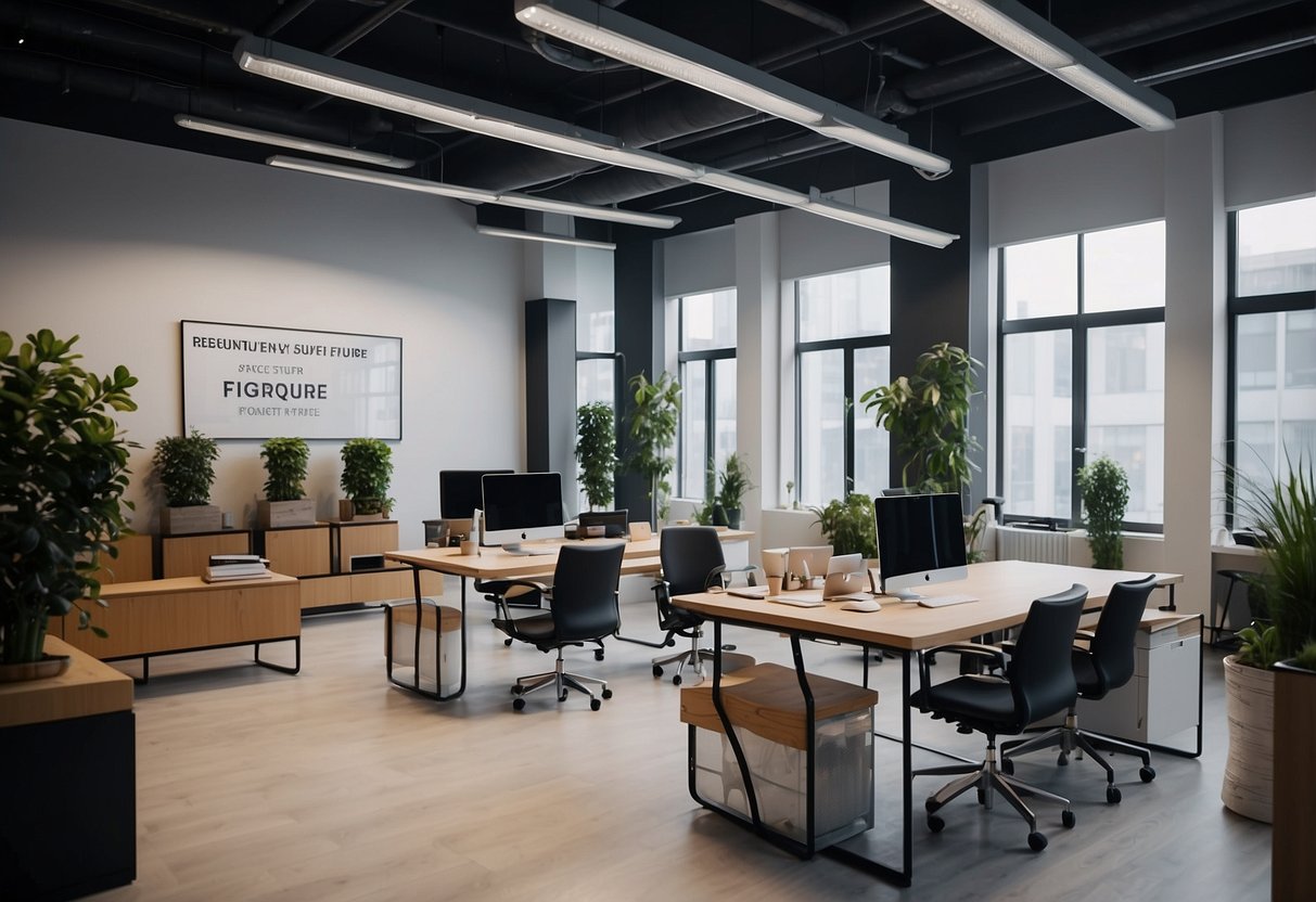 A spacious office with modern furniture arranged in a clean and organized manner. A sign on the wall reads "Frequently Asked Questions office furniture trade in."
