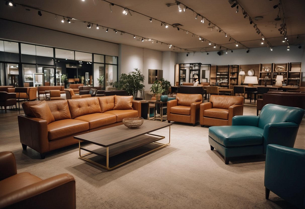 A spacious showroom displays various types of high-quality leather furniture at an outlet