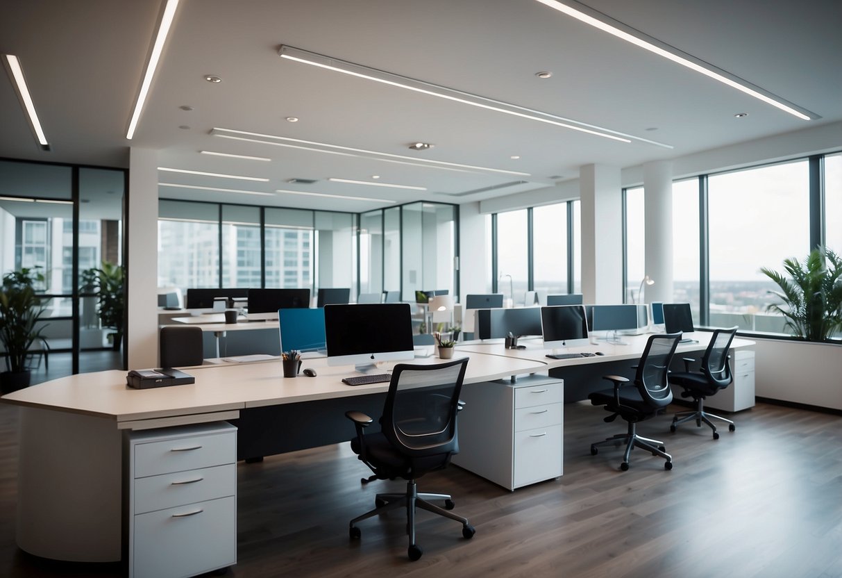 A spacious office with modern furniture and equipment arranged for functionality and efficiency. The room is well-lit, with a clean and organized layout