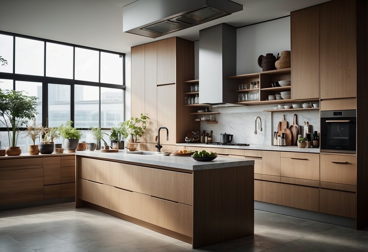 A modern Korean kitchen with sleek, minimalist furniture, featuring clean lines, natural materials, and efficient storage solutions