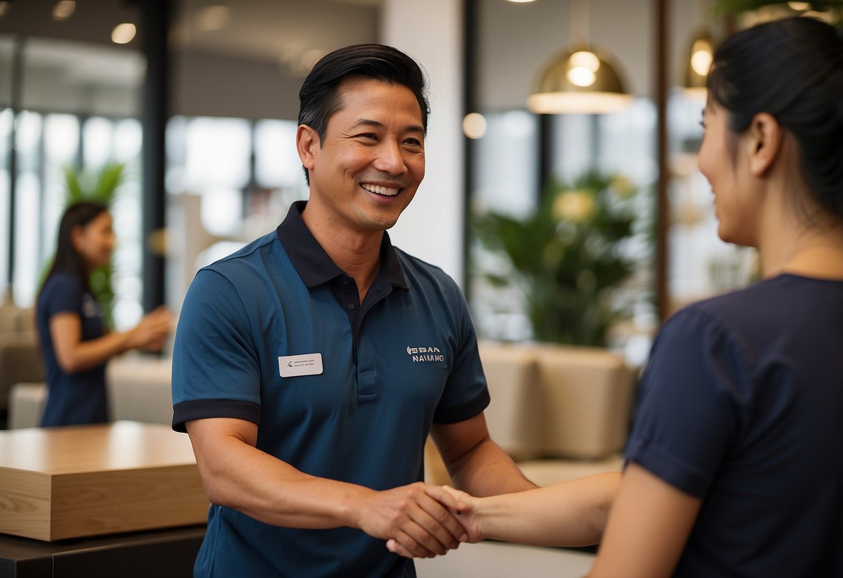 A customer smiling while receiving assistance from a friendly staff member at a Namu Furniture store in Singapore. The staff member is offering aftercare advice and ensuring a positive customer experience