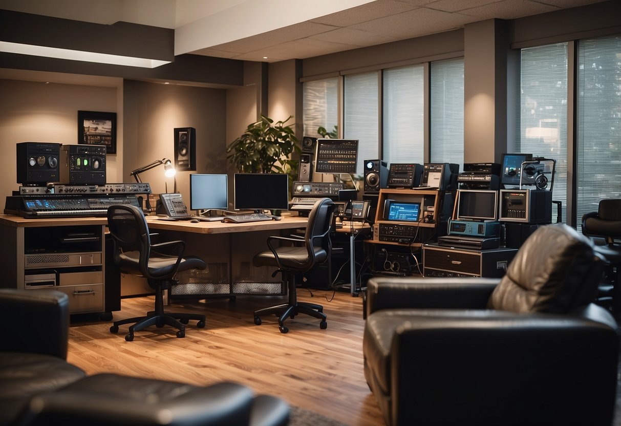 A room filled with various furniture and equipment, with a sign reading "Frequently Asked Questions" prominently displayed