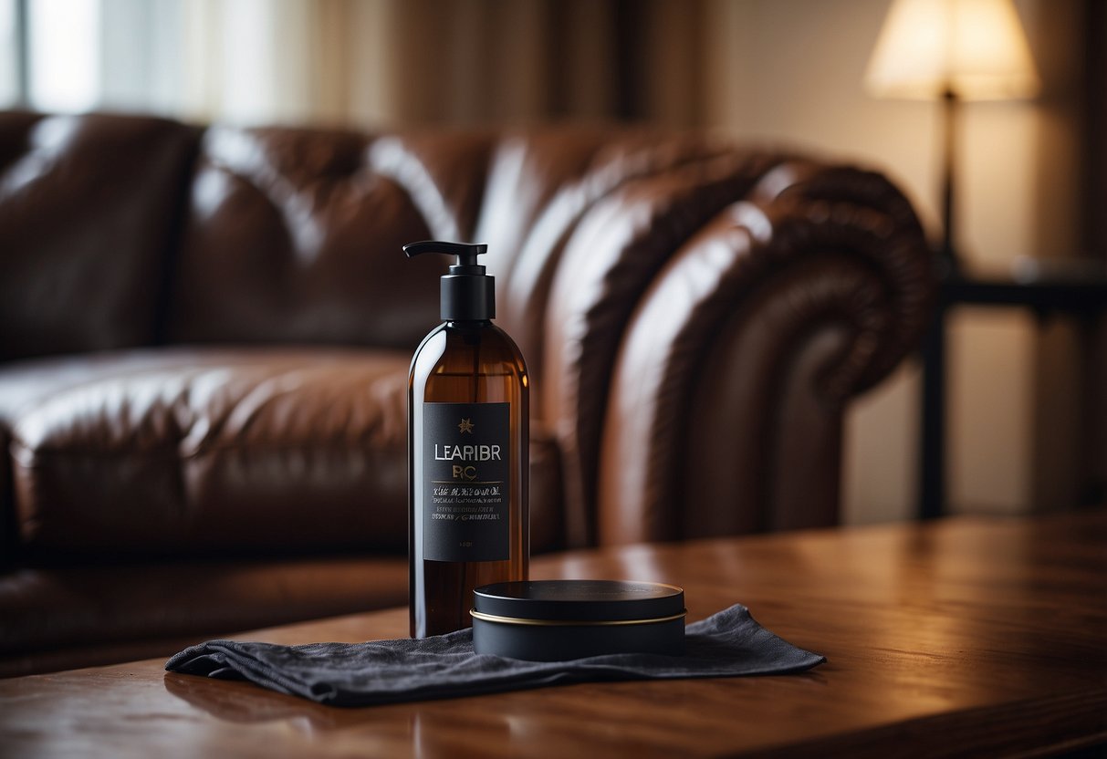 A leather sofa is being wiped down with a soft cloth and leather cleaner. A bottle of leather conditioner sits nearby