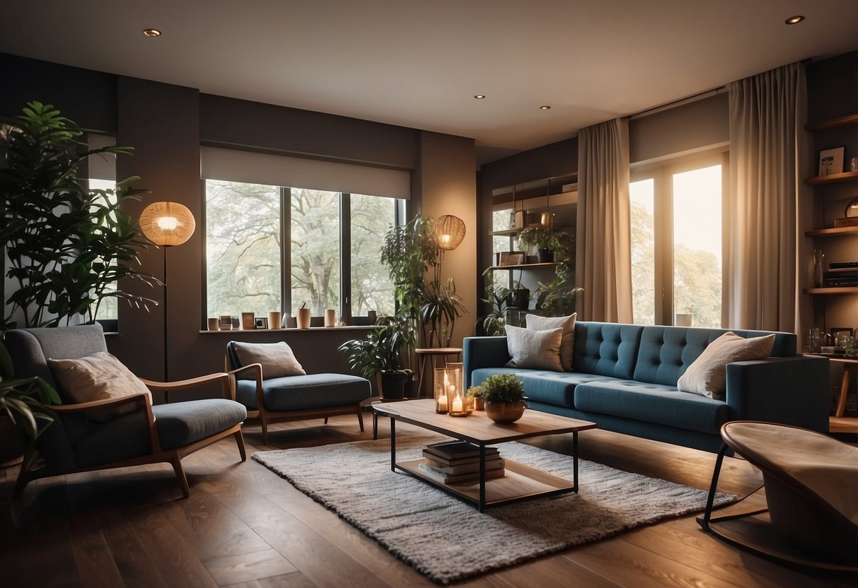 A modern living room with Namu furniture, a person browsing online reviews on a laptop