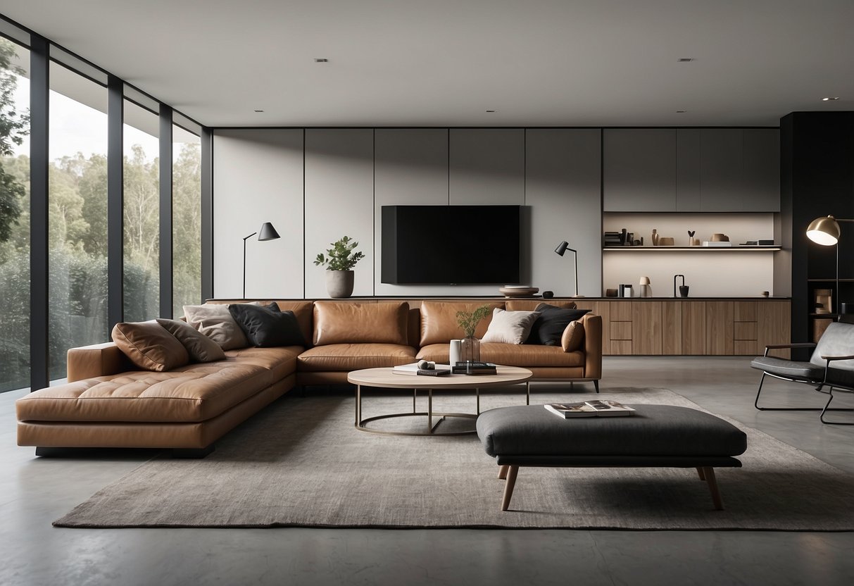 A modern living room with sleek, space-saving furniture from Resource Furniture in Adelaide. Clean lines, functional design, and a minimalist aesthetic