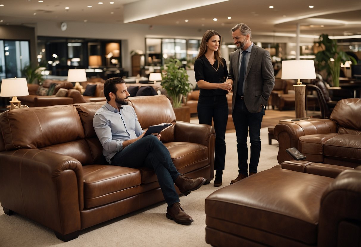 A customer browsing through a variety of leather furniture sets, while a salesperson assists another customer with their inquiries