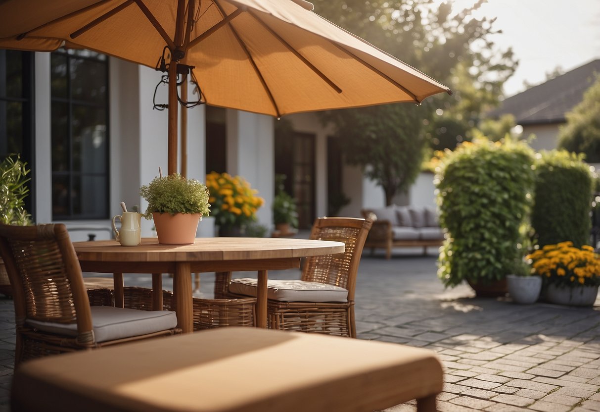A patio table and chairs sit under a large umbrella, shielded from the elements. A can of wood sealant and a soft cloth are nearby, ready for use