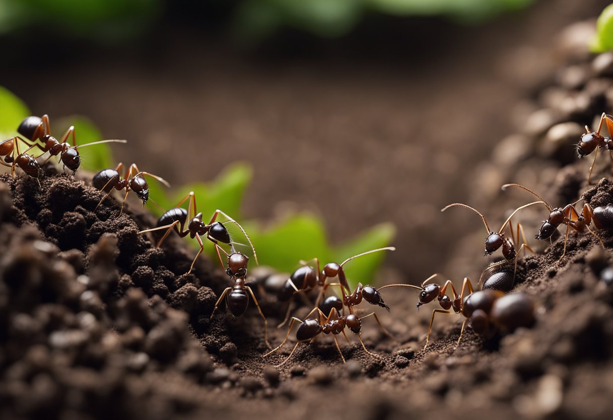 A colony of black garden ants (Lasius niger) busily foraging and building intricate tunnels in the rich, dark soil