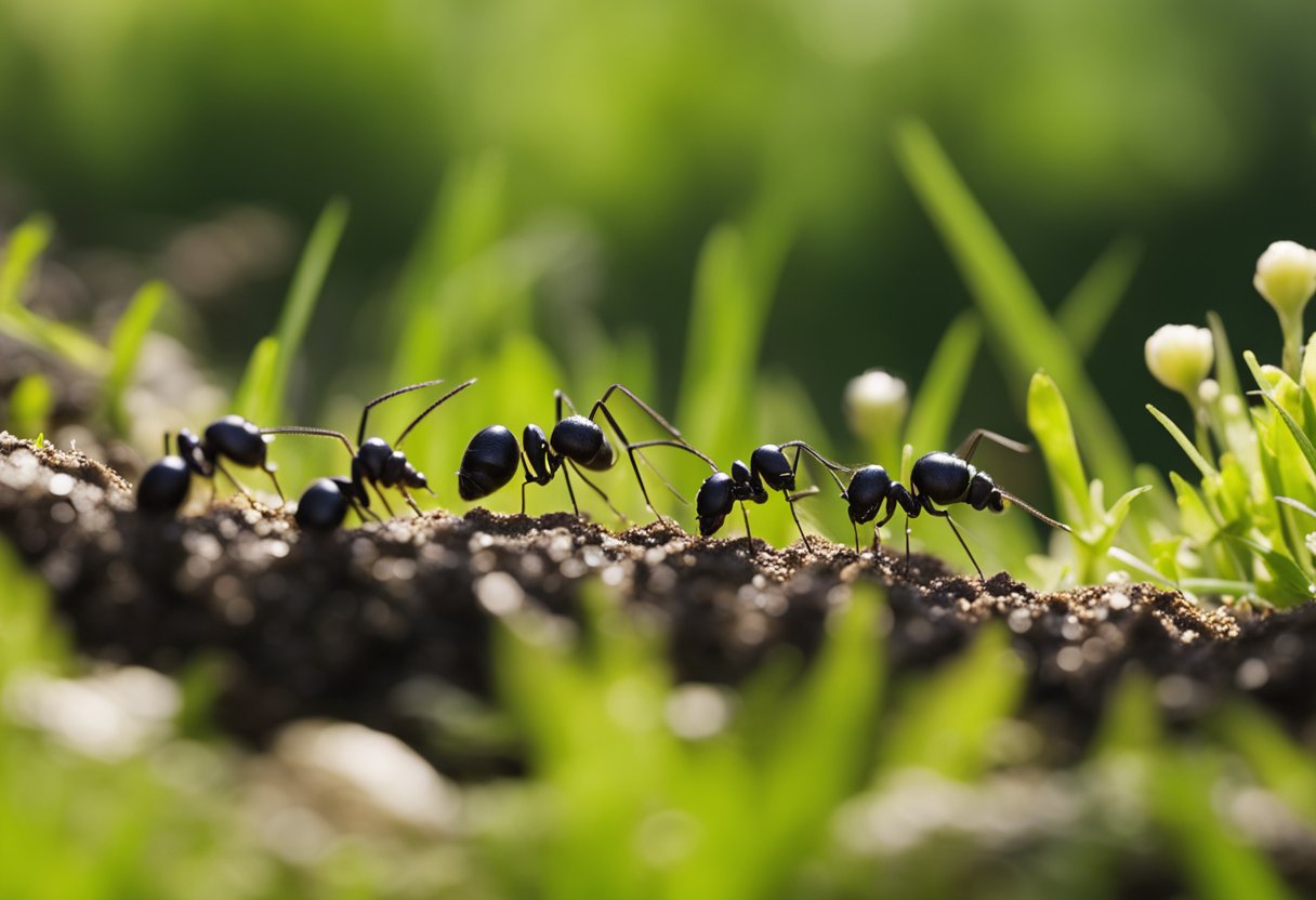 A colony of black garden ants (Lasius niger) foraging for food and tending to their nest in a grassy meadow