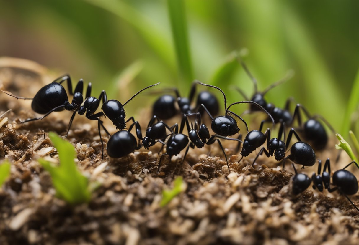 A colony of black garden ants (Lasius niger) foraging for food and tending to their nest in a grassy meadow