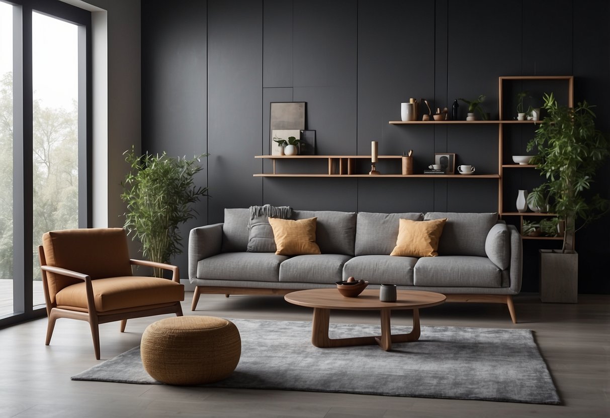 A modern living room with Noden furniture, featuring a sleek sofa, minimalist coffee table, and stylish shelves