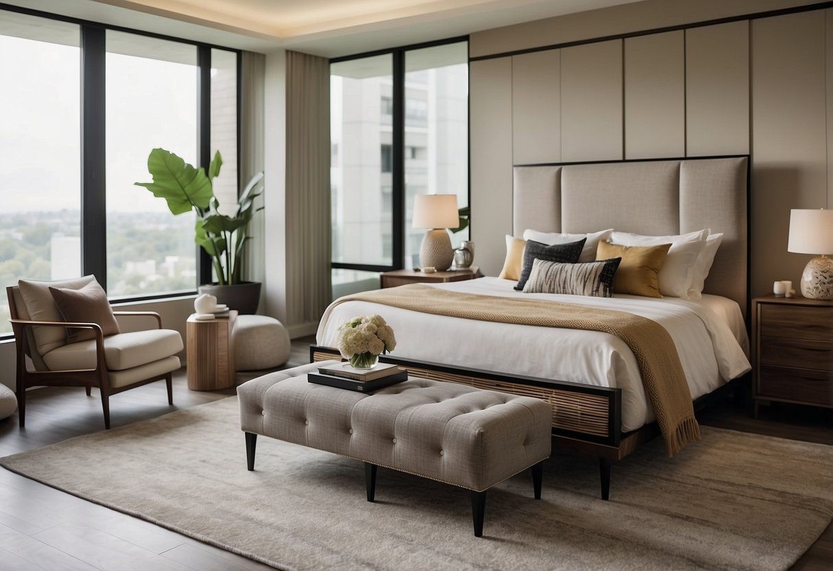 A bedroom with a modern king-size bed, matching nightstands, and a sleek dresser. The room is well-lit with natural light, and the furniture is arranged in an inviting and stylish manner