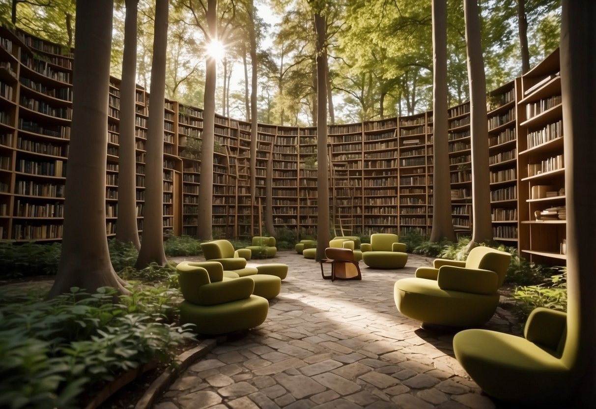 A sprawling forest of oversized, fantastical furniture, towering trees made of bookshelves, and winding paths formed by massive chair legs and table tops