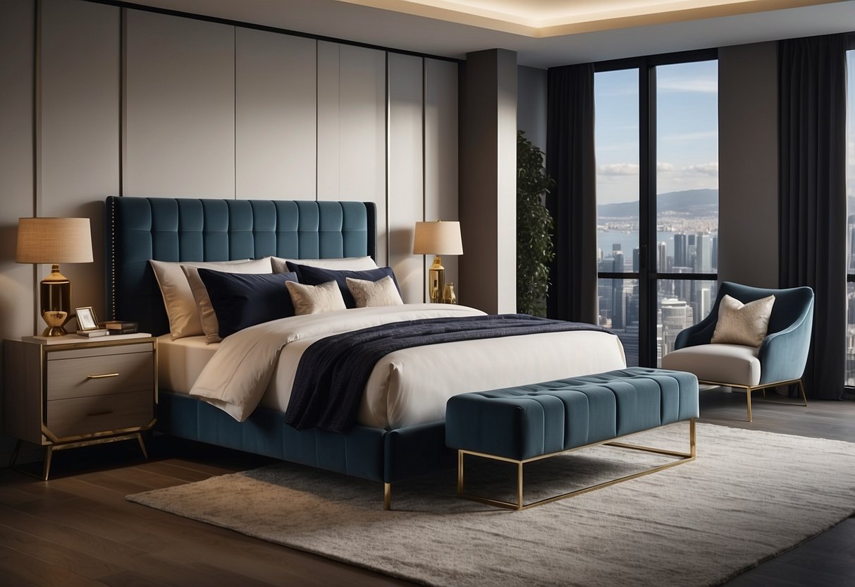 A spacious bedroom with a modern, sleek bedroom set featuring a large bed, matching nightstands, and a stylish dresser with a mirror