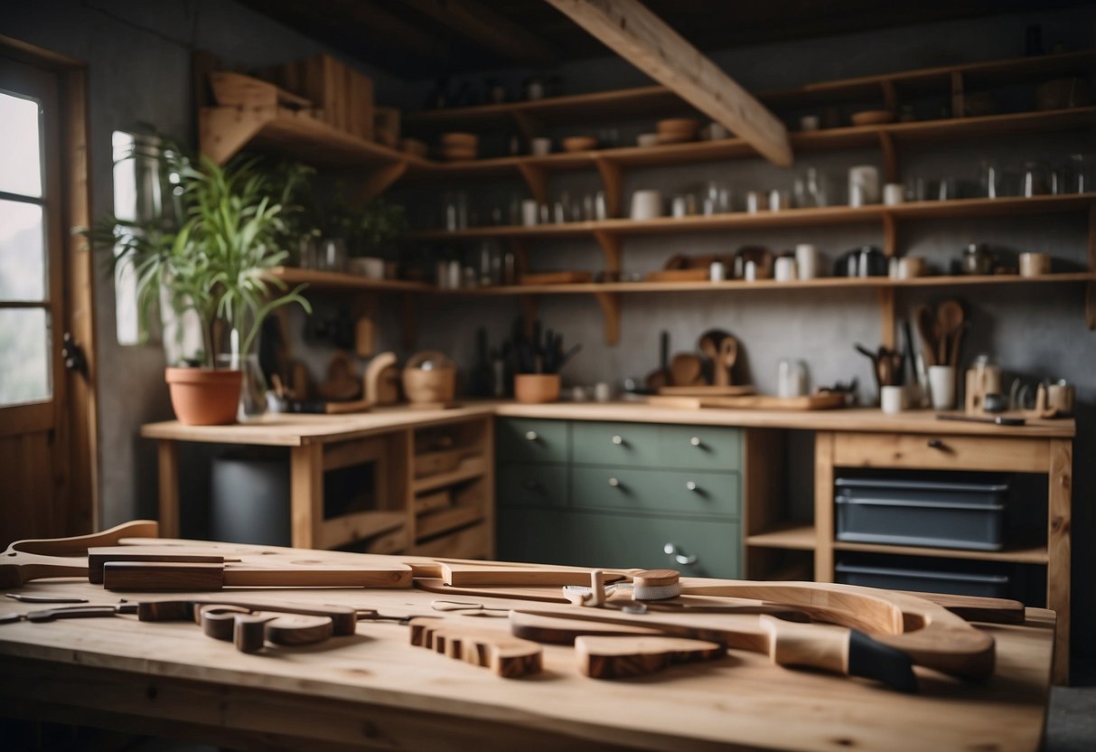 A workshop with natural materials, tools, and a finished piece of noden furniture, showcasing sustainability and craftsmanship