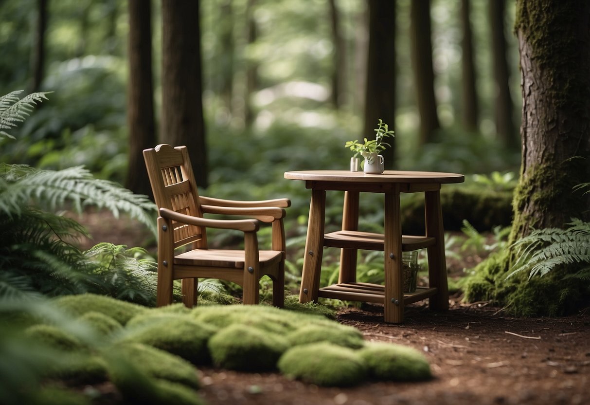 Lush green forest with towering trees, showcasing a variety of unique and intricately designed wooden furniture pieces nestled among the natural surroundings