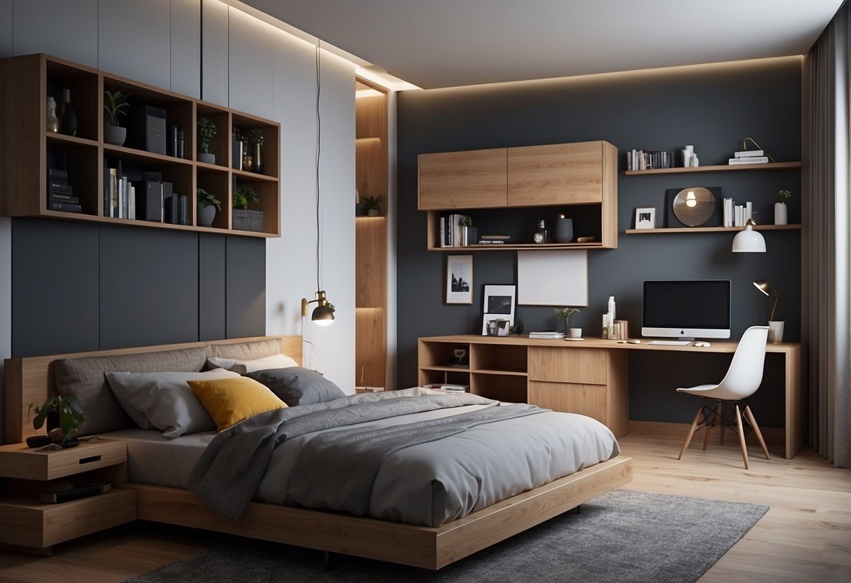 A bedroom with space-saving furniture sets neatly organized for maximum storage and functionality