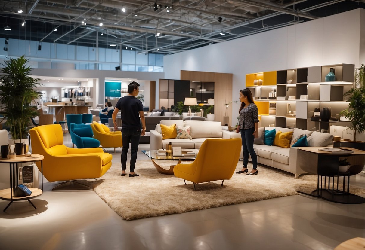 Customers browse through modern furniture displays at Mega Woodlands. Bright lighting illuminates the spacious showroom, highlighting the sleek designs and vibrant colors of the various pieces on offer