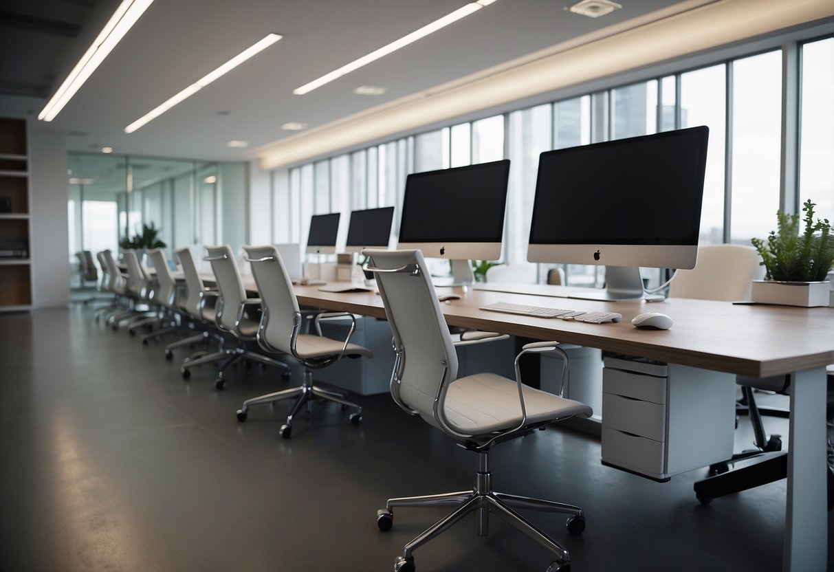Sleek desks, ergonomic chairs, and minimalist shelving fill the open office space. Clean lines and neutral colors dominate the modern furniture design