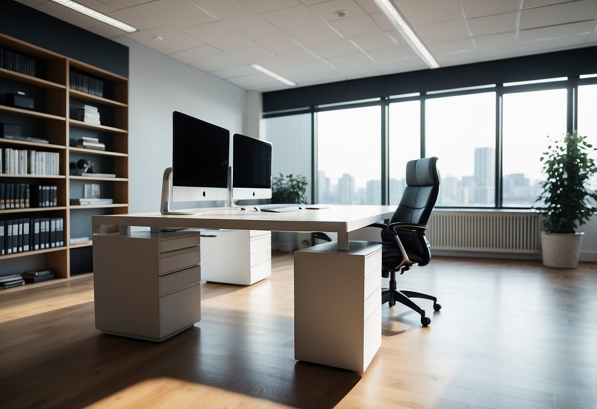 A sleek desk with integrated storage, ergonomic chair, and minimalist bookshelves in a bright, open office space