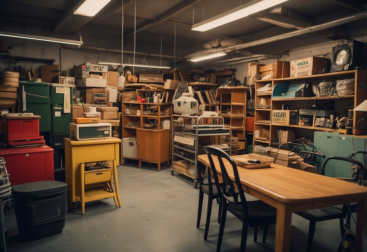 A cluttered garage displays vintage IKEA furniture for sale. Tables, chairs, and shelves are stacked haphazardly, showcasing the retro designs