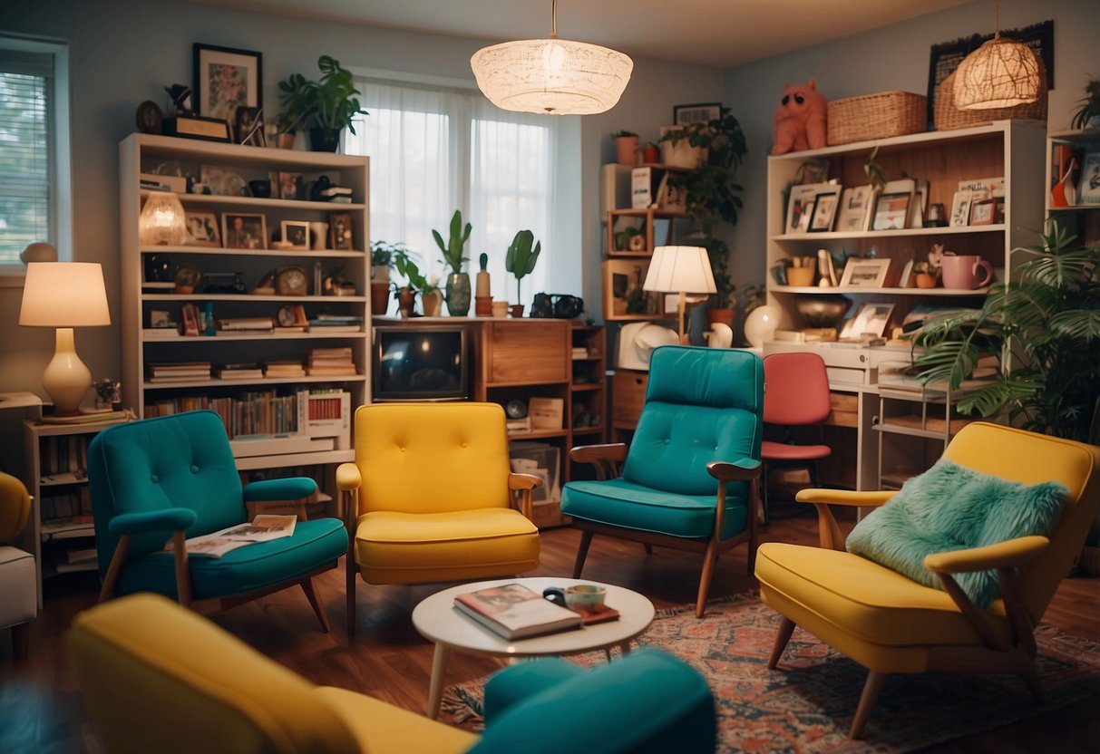 A cluttered room with shelves of retro IKEA furniture, including colorful chairs and tables, surrounded by vintage decor and accessories