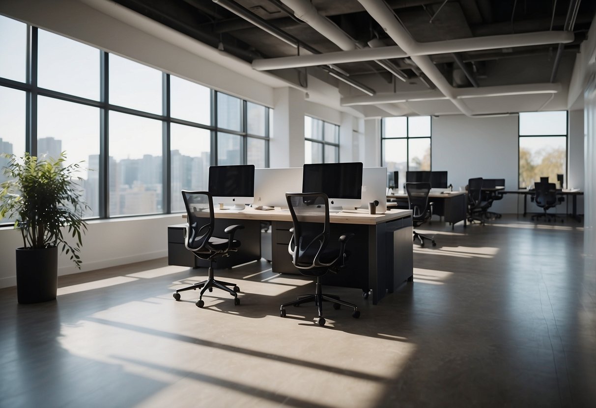 A sleek, open-concept office space with ergonomic chairs, adjustable standing desks, and plenty of natural light. The room features modern furniture with clean lines and a minimalist color scheme