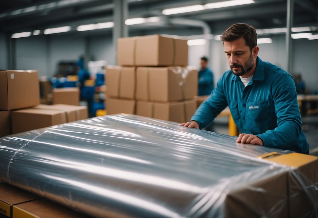 Furniture being wrapped in plastic for protection during transit