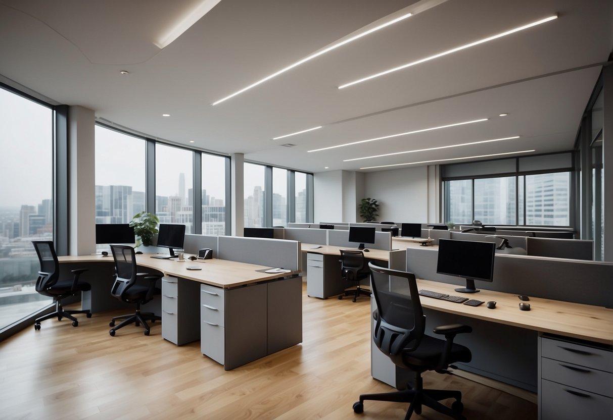 A sleek, minimalist office space with ergonomic chairs, adjustable desks, and modular storage units. Clean lines and neutral colors create a modern, professional atmosphere