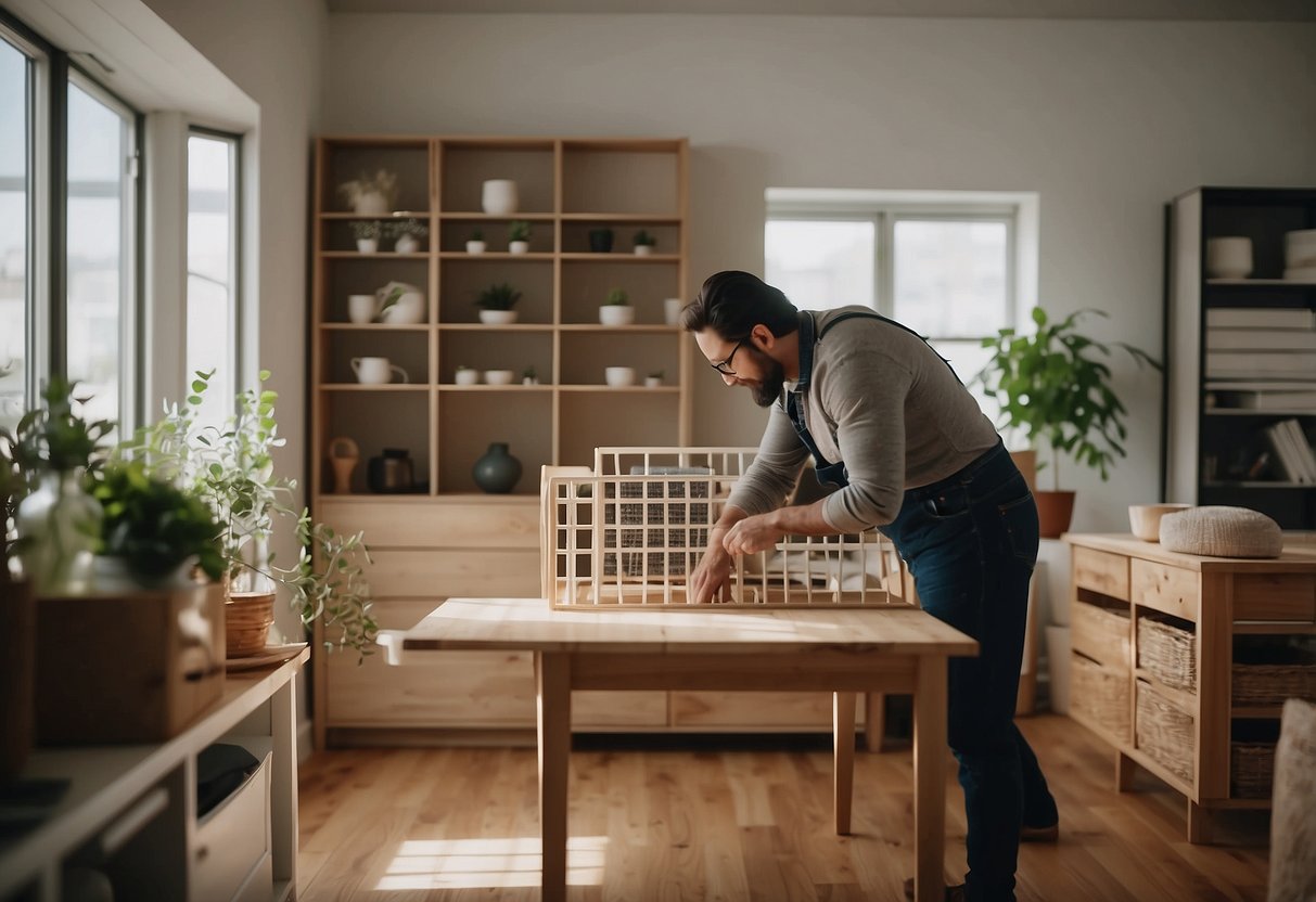 A person carefully selecting and arranging vintage IKEA furniture in a well-lit, organized space