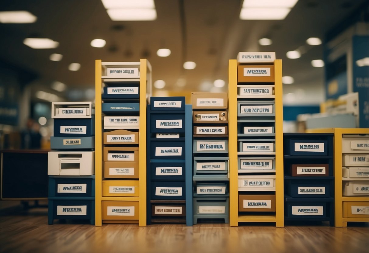 A stack of vintage IKEA furniture with a "Frequently Asked Questions" sign displayed prominently for sale