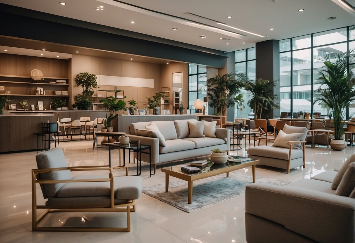 A spacious showroom with modern furniture displays and natural lighting at Novena furniture store