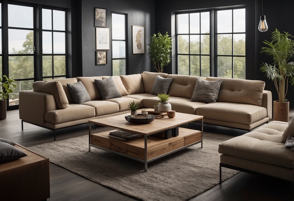 A living room with modular furniture arranged in various configurations