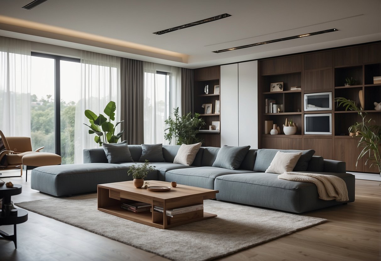 A living room with modular furniture pieces that can be easily rearranged to accommodate different activities and layouts