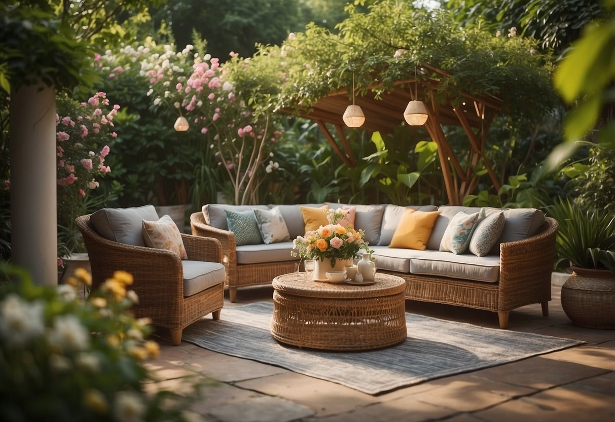 A cozy rattan garden furniture set sits under a shady tree, surrounded by lush greenery and colorful flowers