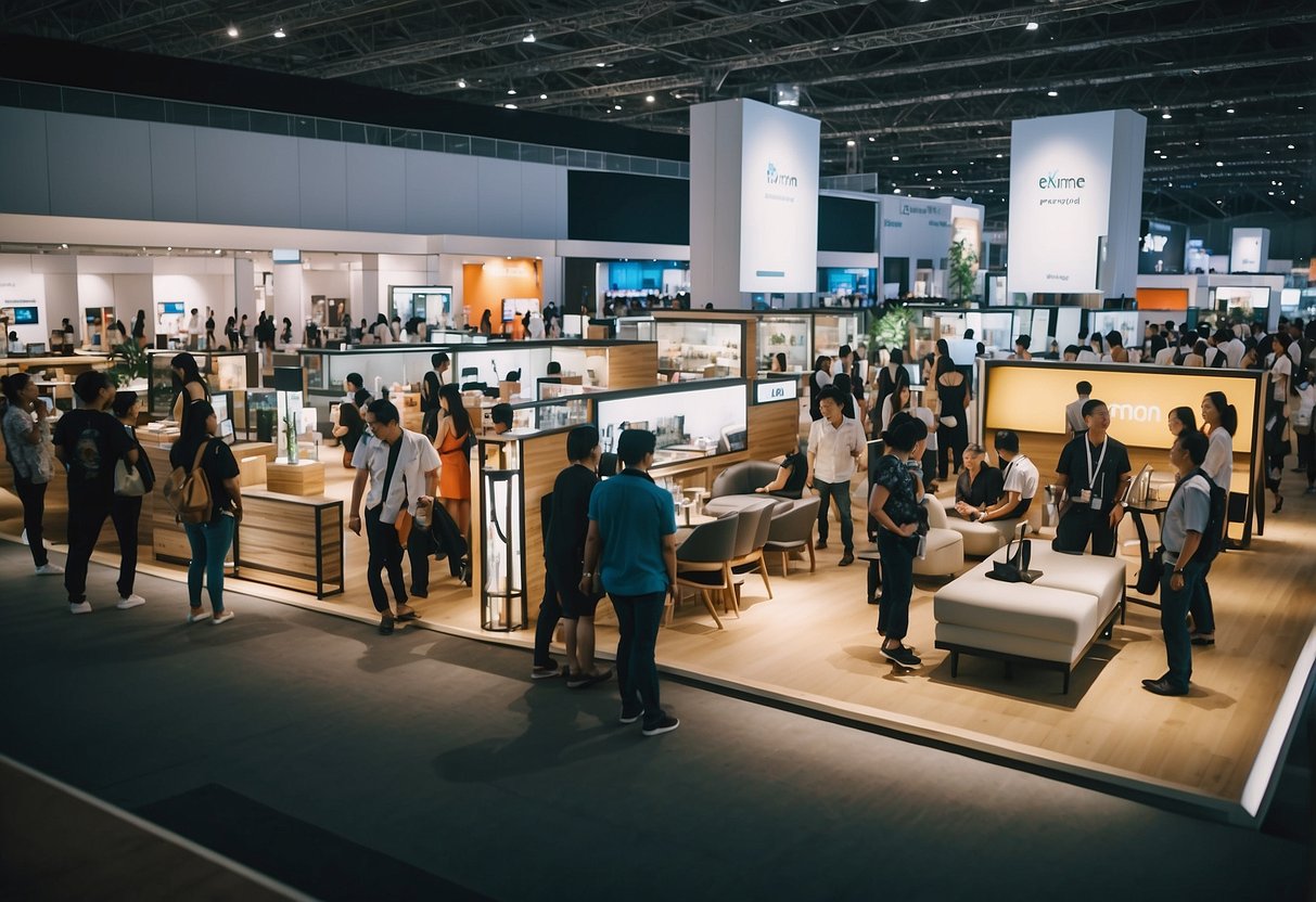 A bustling furniture expo in Singapore with modern and traditional pieces displayed in well-lit booths, surrounded by enthusiastic visitors