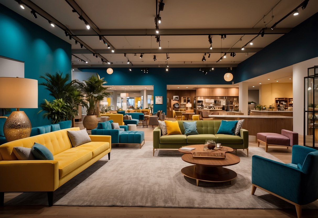 The novena furniture store features a vibrant array of colors and materials, with rich wood finishes, plush fabrics, and sleek metallic accents