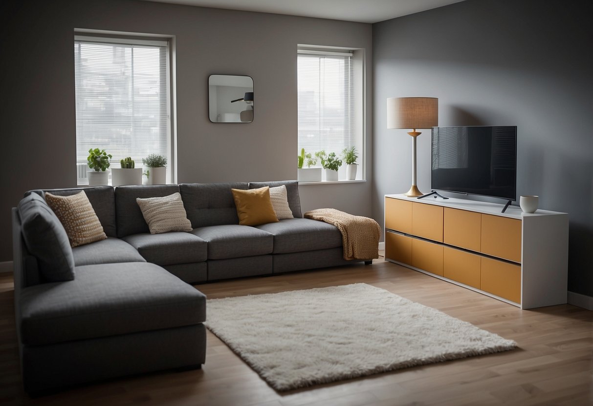 A room with modular furniture shifting into different configurations