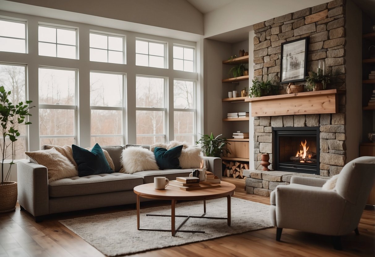 A cozy living room with a plush sofa, a coffee table with a stack of books, a soft rug, and a warm fireplace