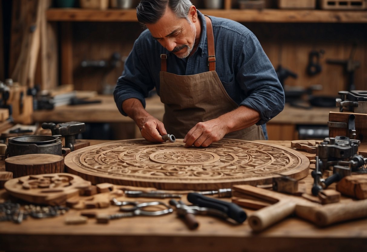 A craftsman meticulously carving intricate designs into a solid wood table, surrounded by various woodworking tools and raw materials
