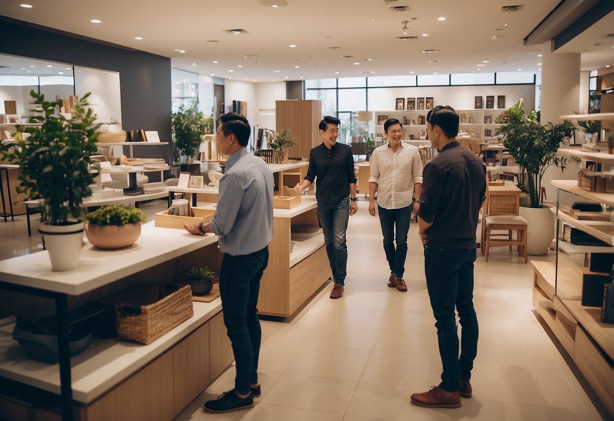 Customers browsing novena furniture store, asking staff about products. Shelves lined with home décor and furnishings. Bright, spacious interior with modern design