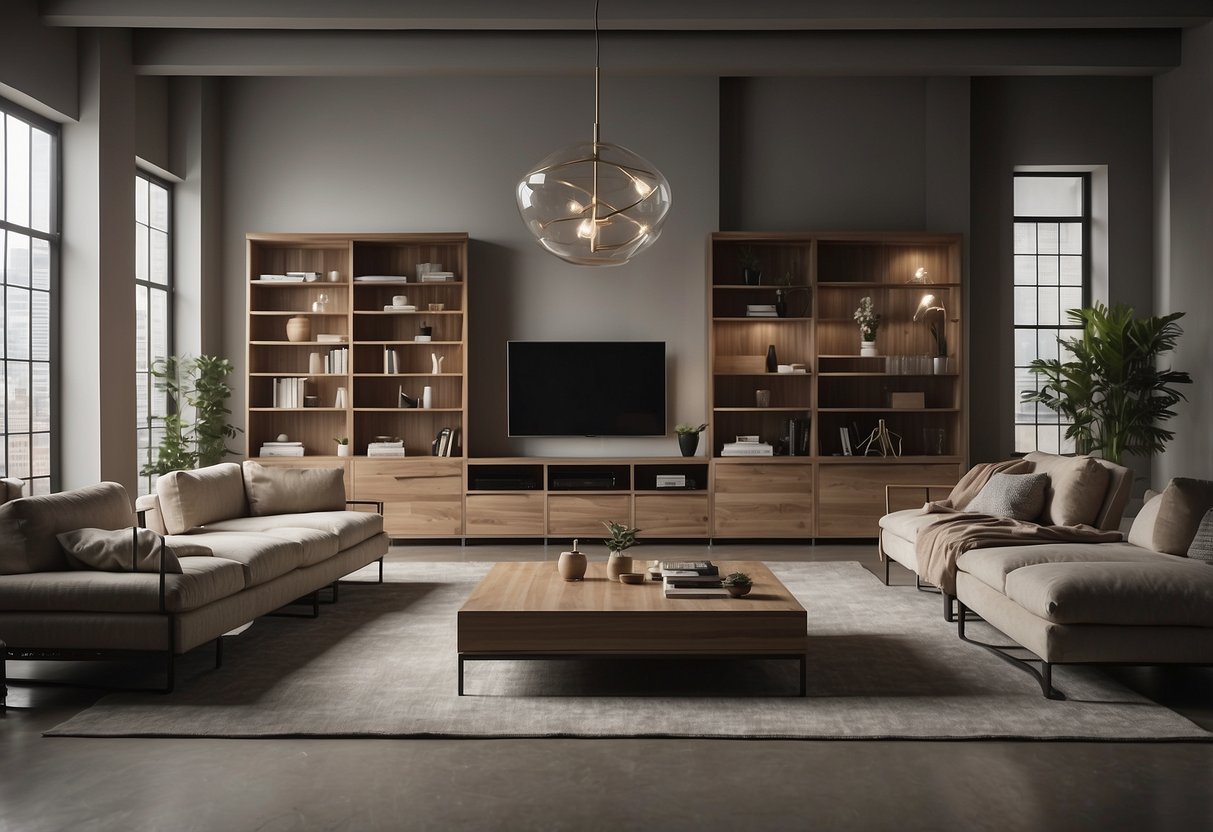 A room with versatile furniture pieces shifting into different configurations, showcasing adaptability and functionality